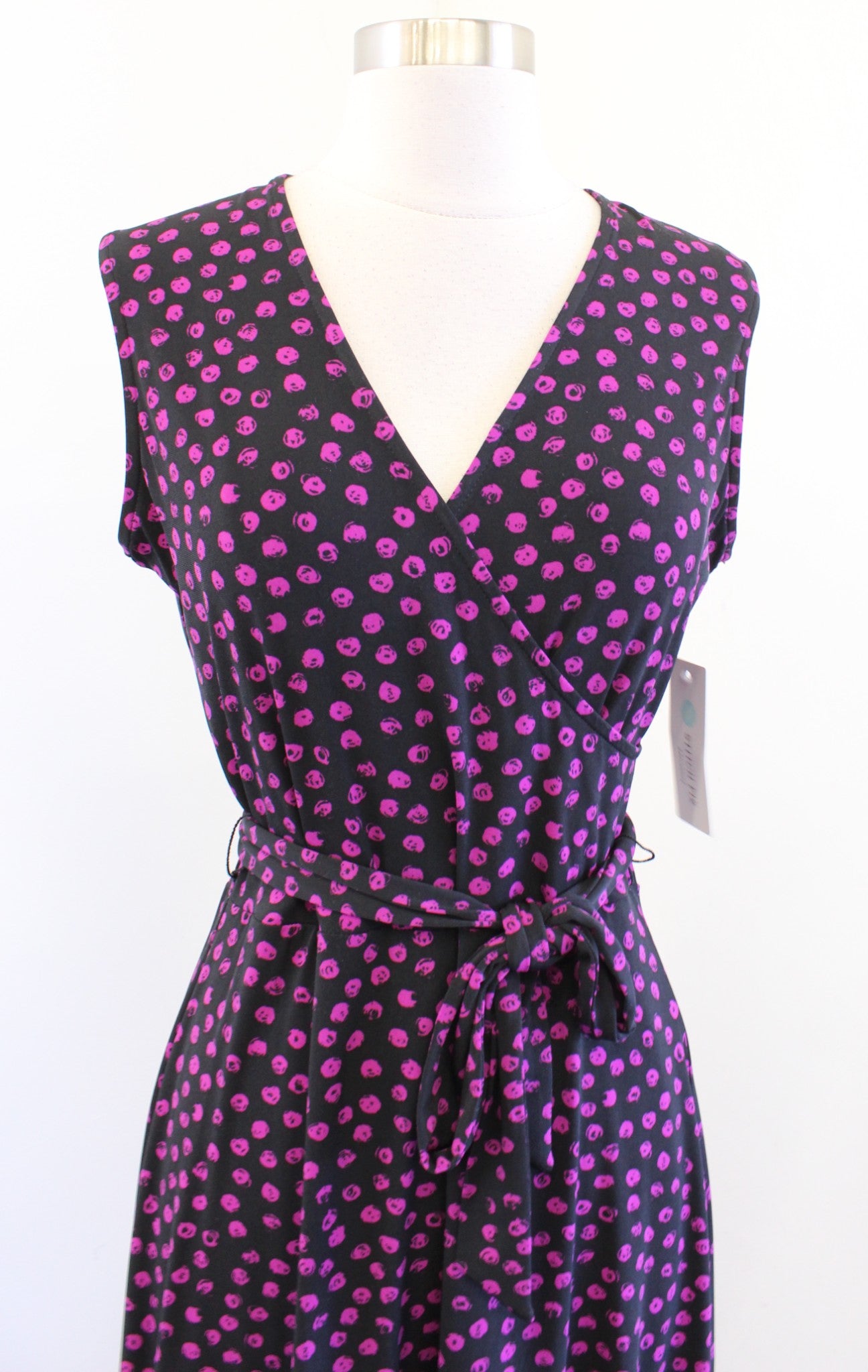 NWT Leota Stitch Fix Black Pink / Purple Spotted Print Jersey Dress Tie Waist M