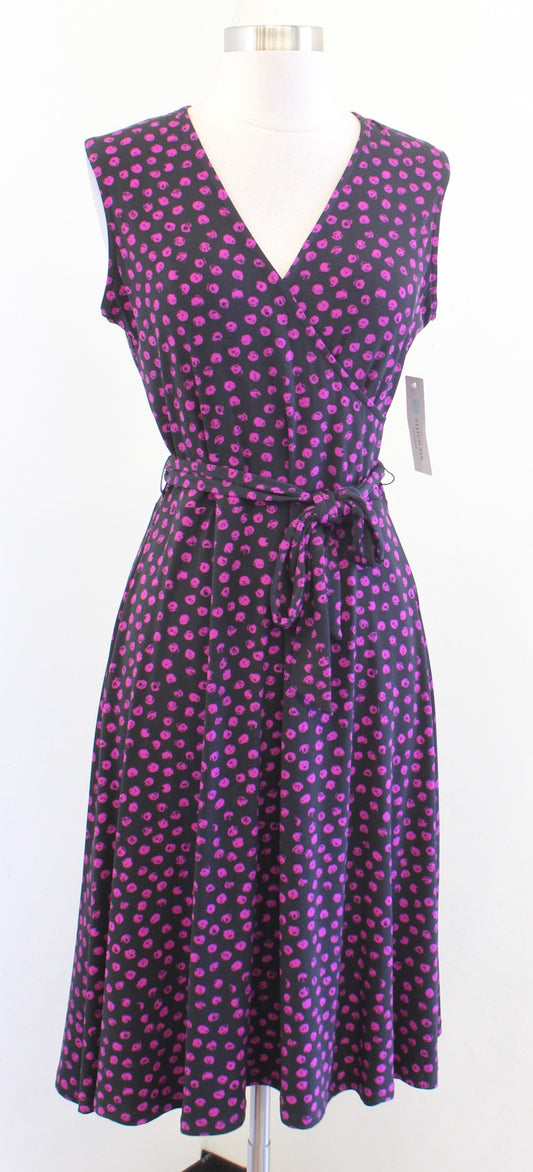 NWT Leota Stitch Fix Black Pink / Purple Spotted Print Jersey Dress Tie Waist M