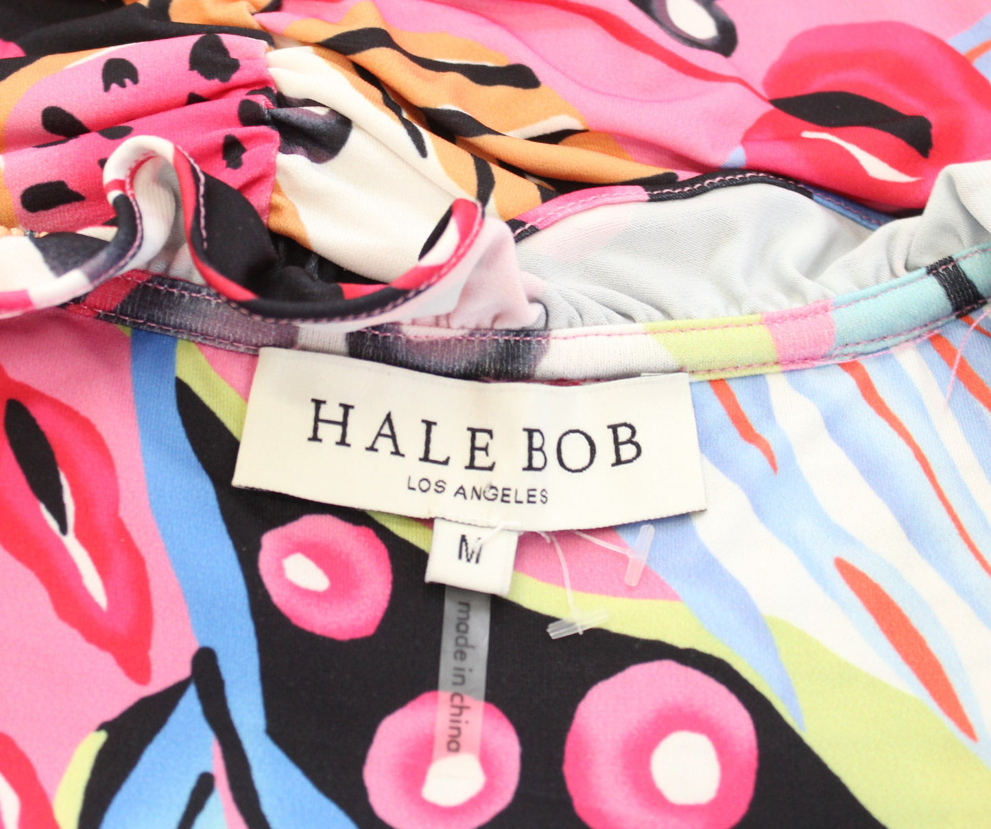 Hale Bob Colorful Floral Print Ruched Ruffle Flounce Hem Dress Size M V Neck