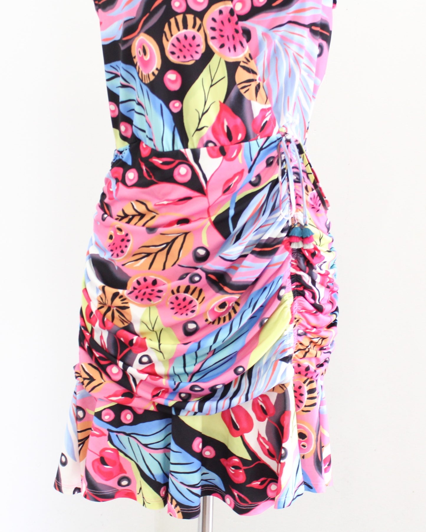 Hale Bob Colorful Floral Print Ruched Ruffle Flounce Hem Dress Size M V Neck