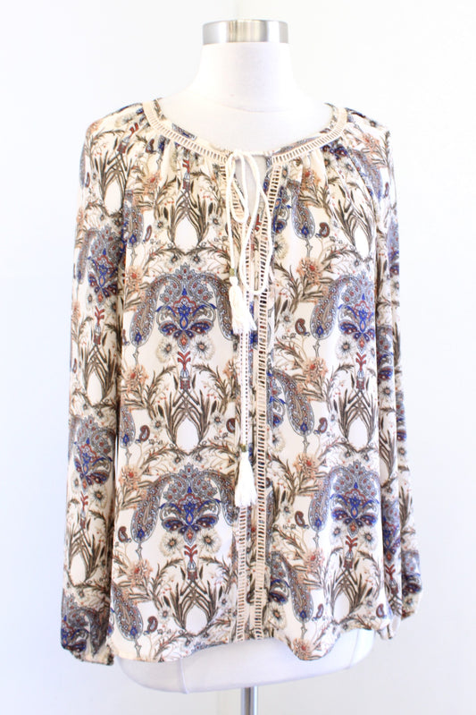 Meadow Rue Anthropologie Myrtle Cream Paisley Print Floral Tassel Top Blouse S Long sleeve