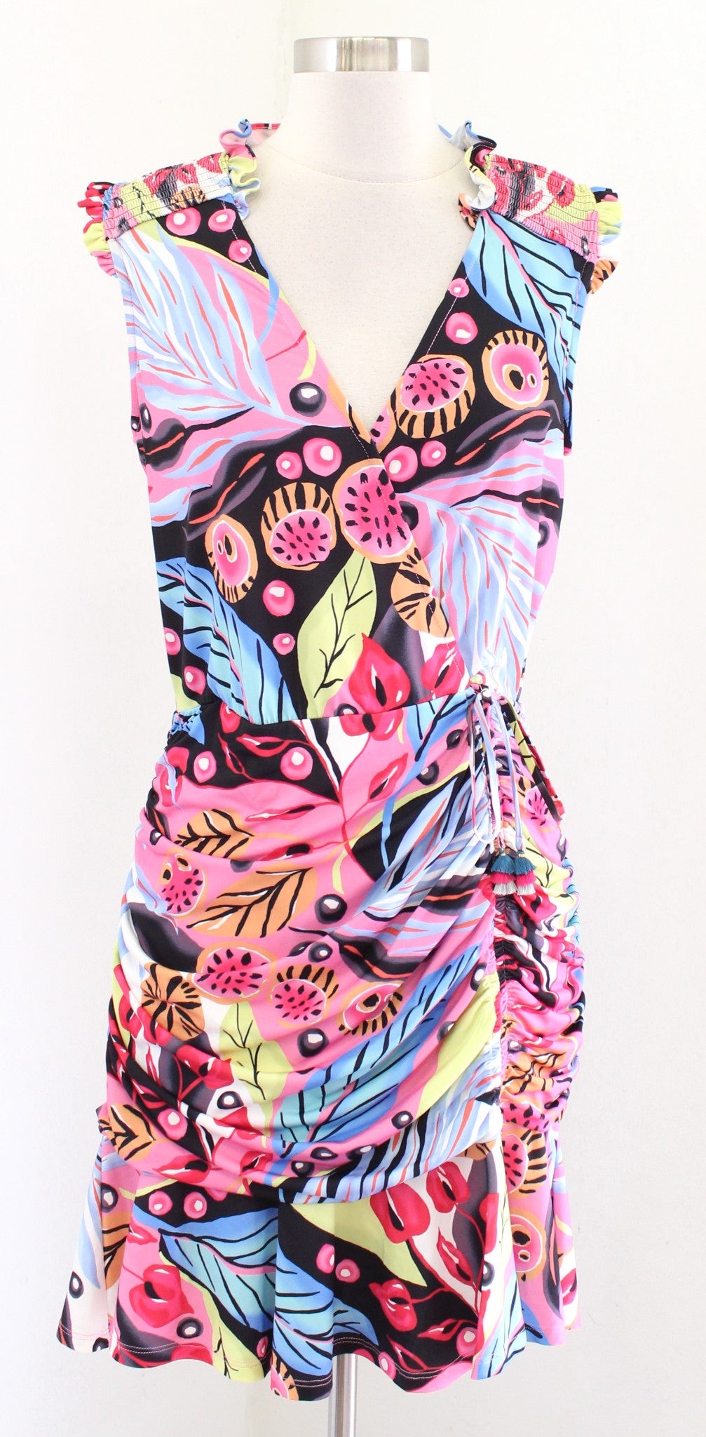 Hale Bob Colorful Floral Print Ruched Ruffle Flounce Hem Dress Size M V Neck