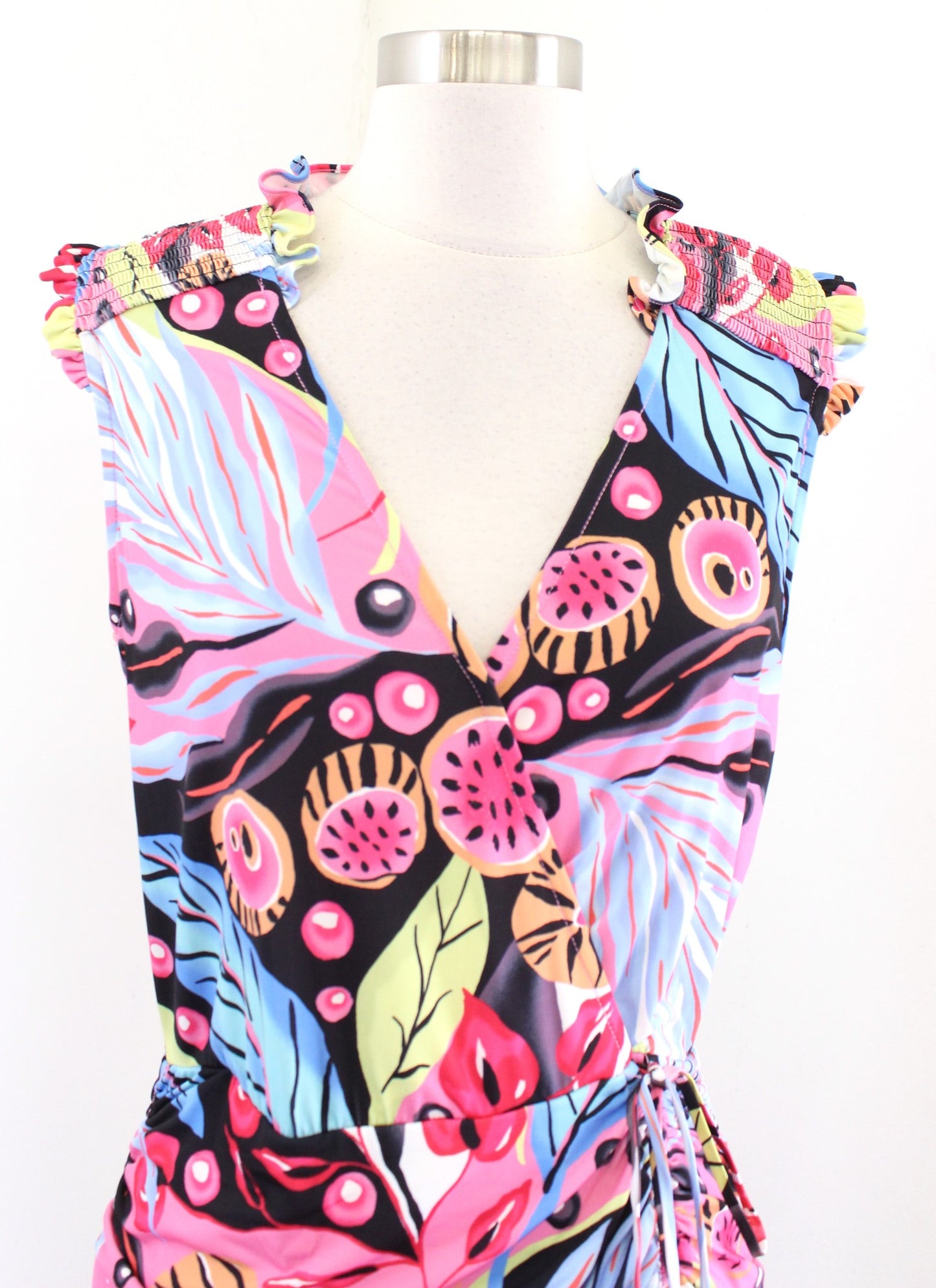 Hale Bob Colorful Floral Print Ruched Ruffle Flounce Hem Dress Size M V Neck