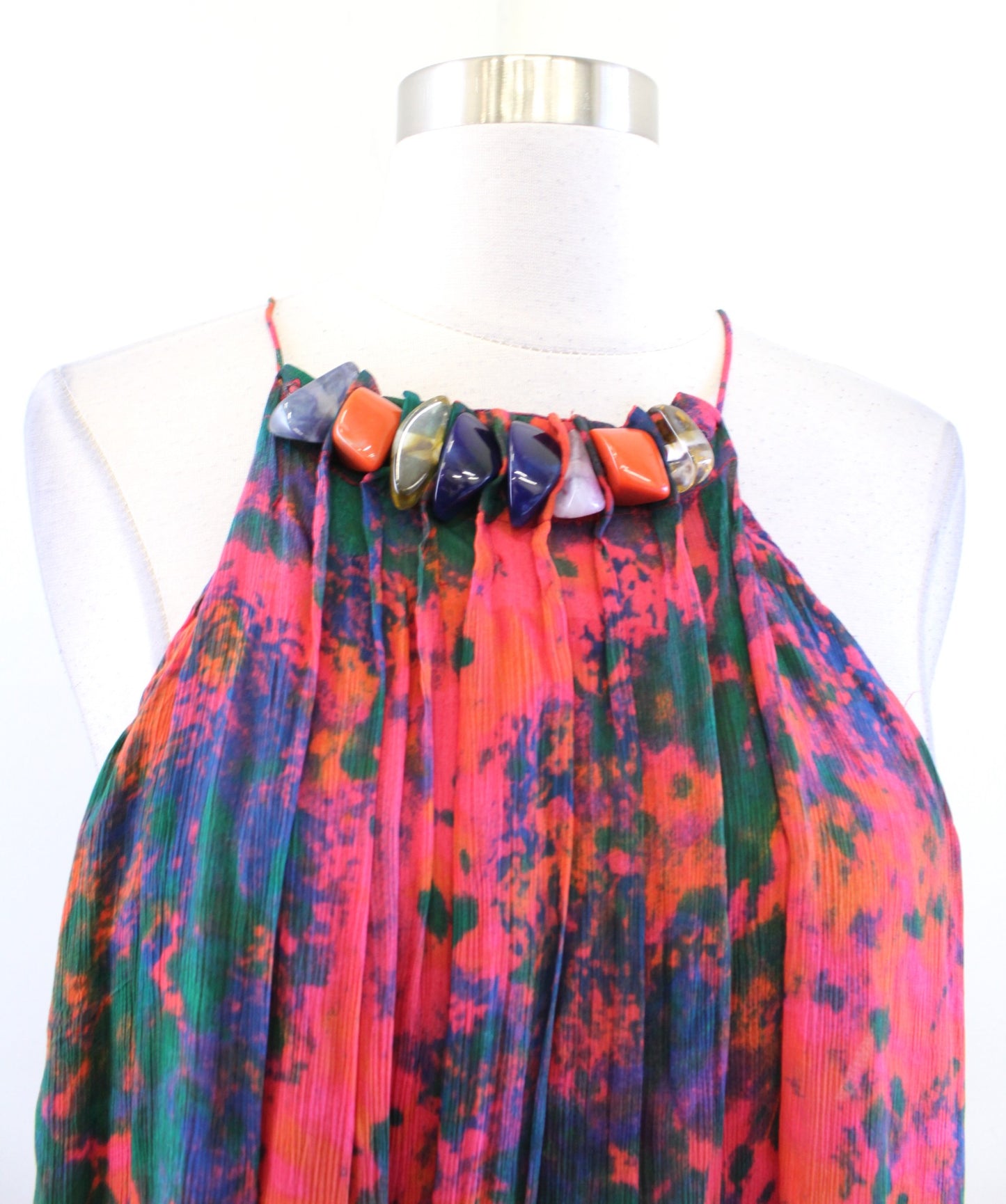 Zara Colorful Abstract Printed Beaded Neckline Halter Dress Size M Summer Boho