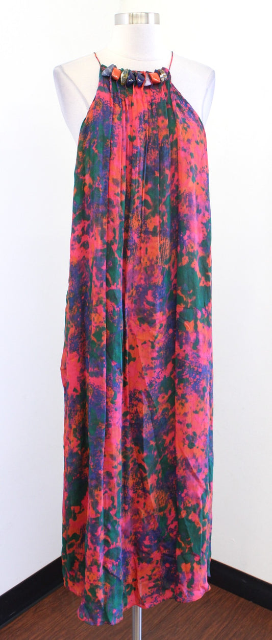 Zara Colorful Abstract Printed Beaded Neckline Halter Dress Size M Summer Boho