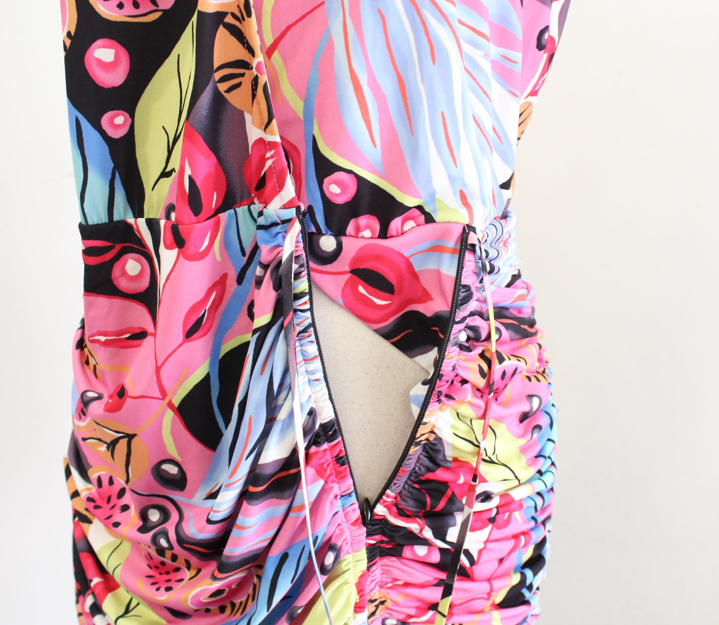 Hale Bob Colorful Floral Print Ruched Ruffle Flounce Hem Dress Size M V Neck