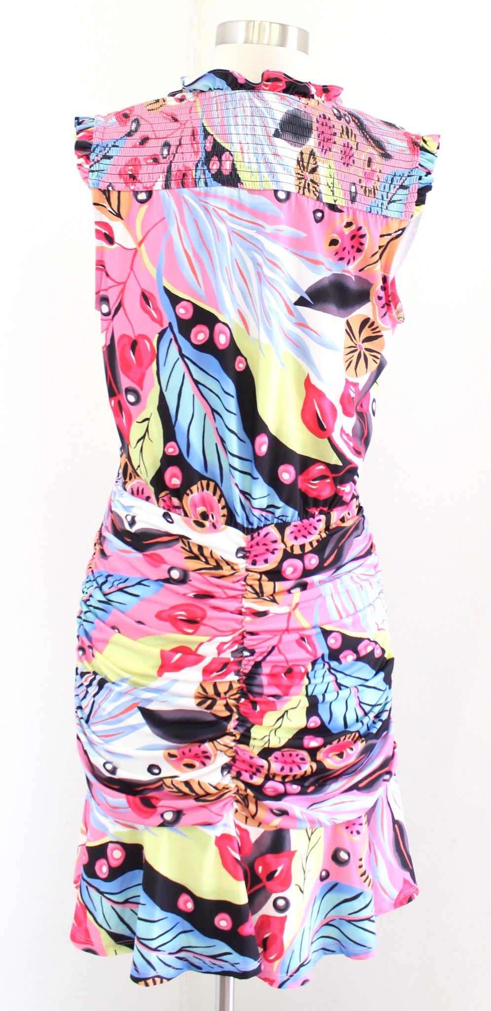 Hale Bob Colorful Floral Print Ruched Ruffle Flounce Hem Dress Size M V Neck