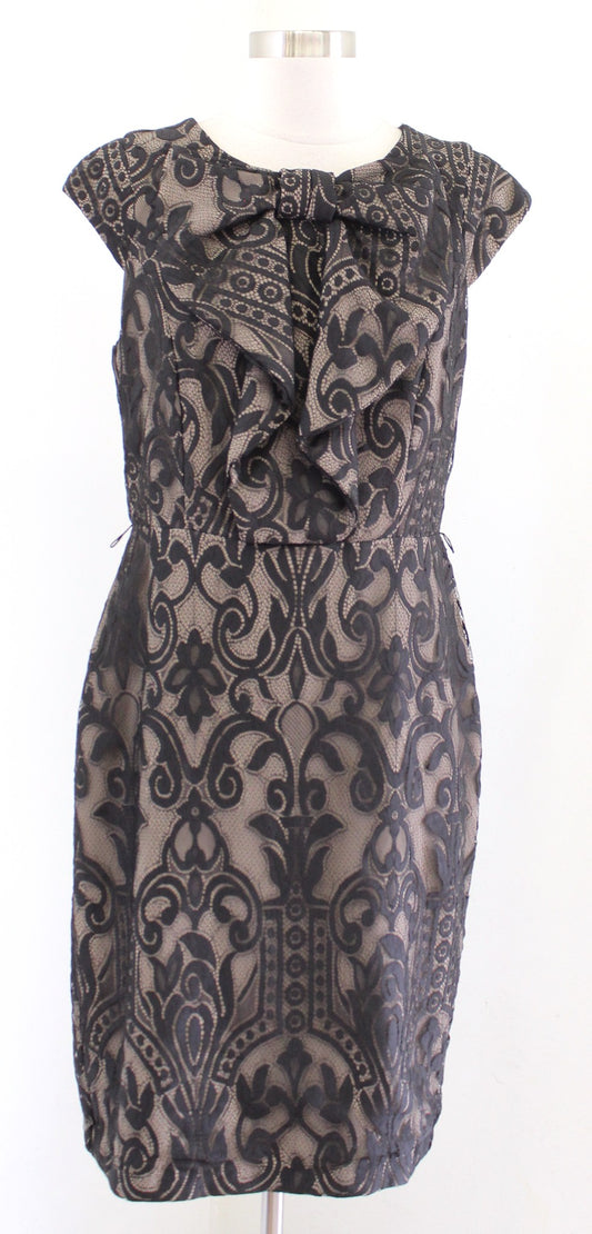Eva Franco Anthropologie Black Lace Illusion Bow Neck Sheath Dress Size 10