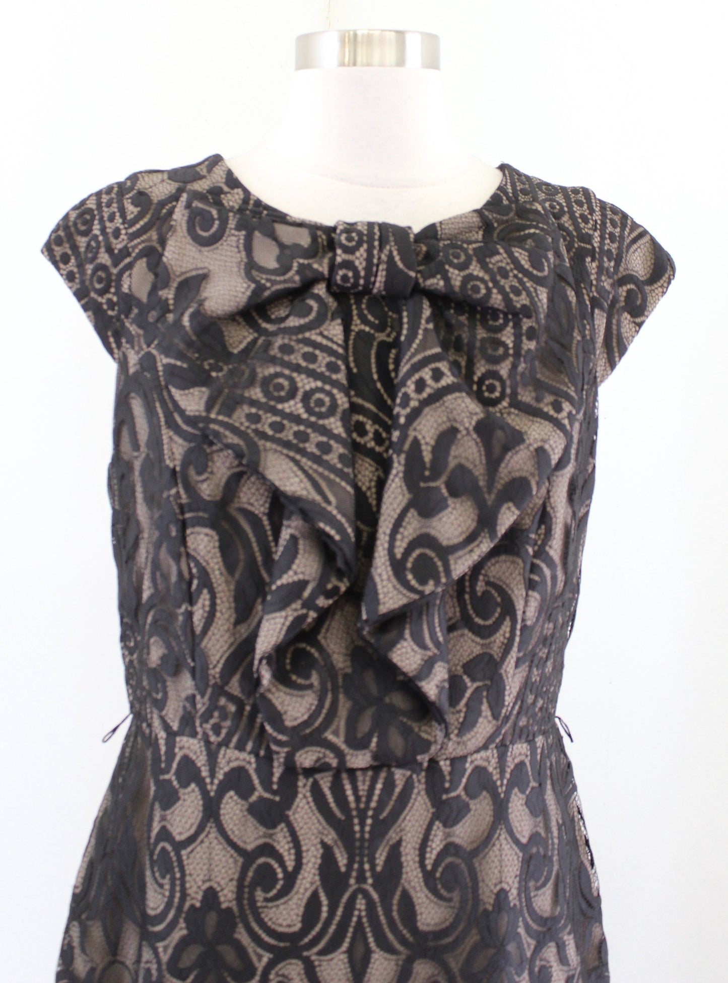 Eva Franco Anthropologie Black Lace Illusion Bow Neck Sheath Dress Size 10