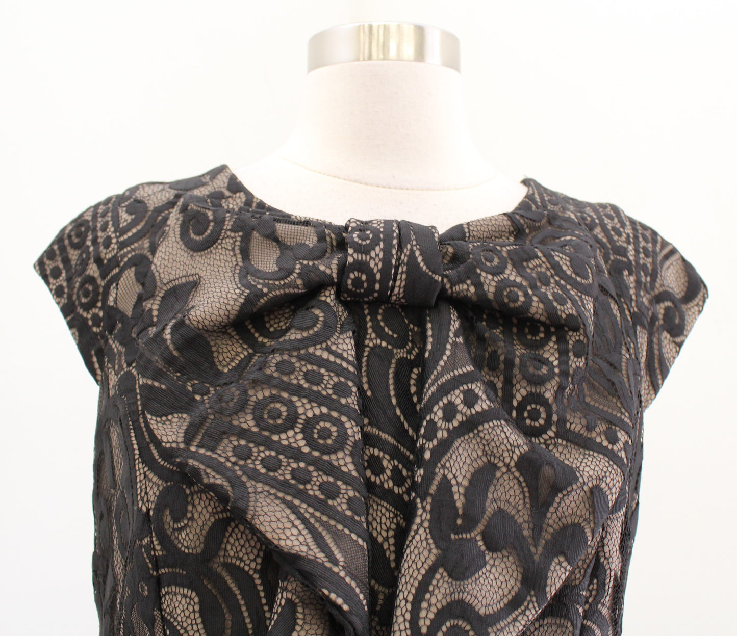 Eva Franco Anthropologie Black Lace Illusion Bow Neck Sheath Dress Size 10