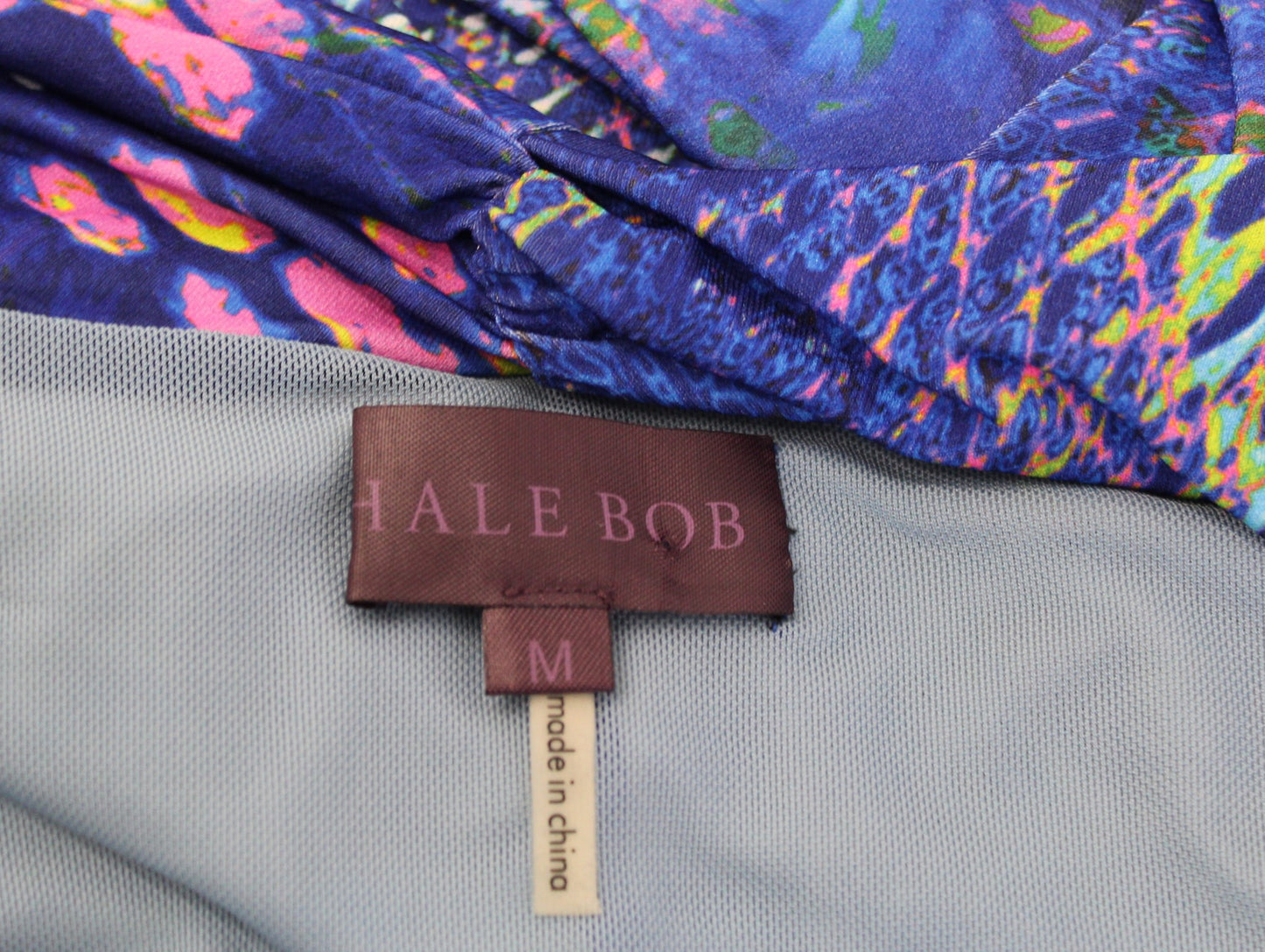 Hale Bob Blue Abstract Animal Print Ruched Faux Wrap V Neck Jersey Dress Size M