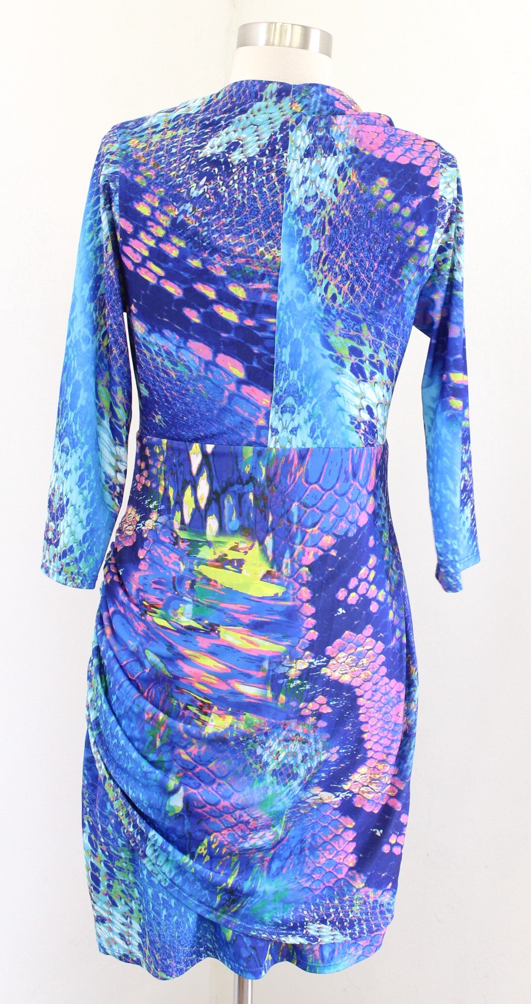 Hale Bob Blue Abstract Animal Print Ruched Faux Wrap V Neck Jersey Dress Size M
