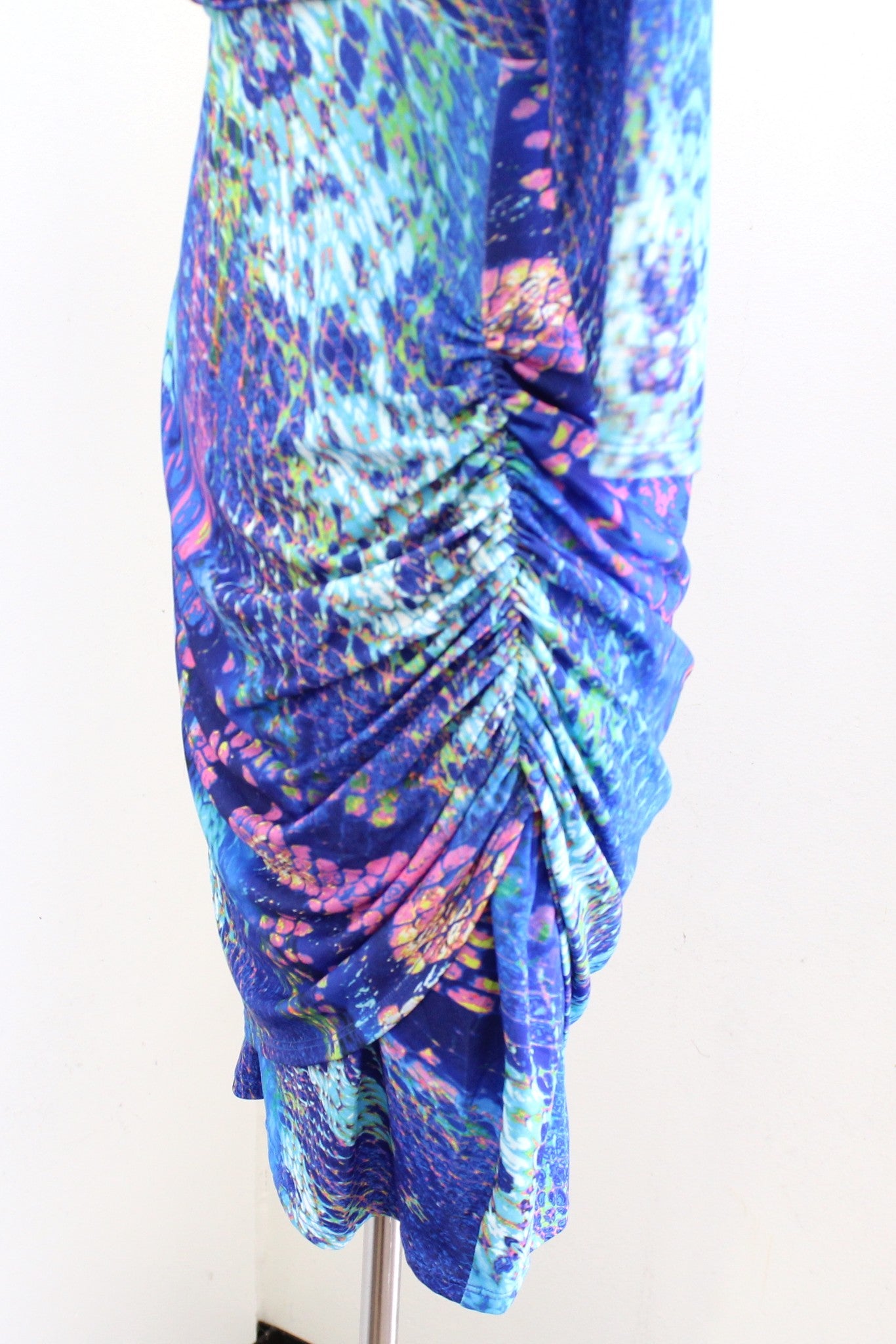 Hale Bob Blue Abstract Animal Print Ruched Faux Wrap V Neck Jersey Dress Size M