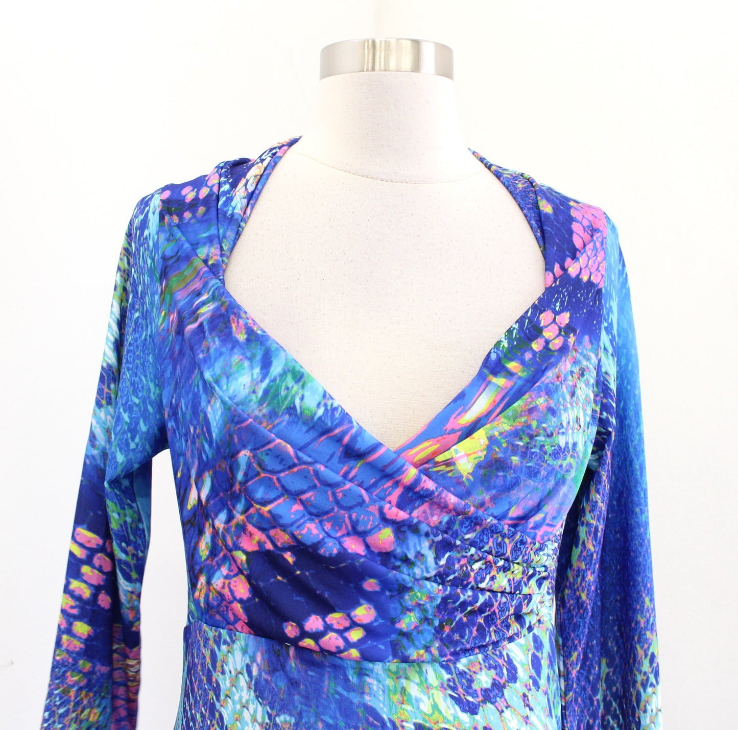 Hale Bob Blue Abstract Animal Print Ruched Faux Wrap V Neck Jersey Dress Size M