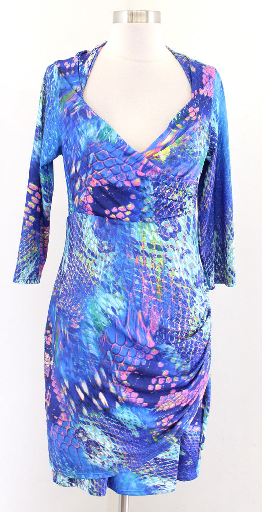Hale Bob Blue Abstract Animal Print Ruched Faux Wrap V Neck Jersey Dress Size M