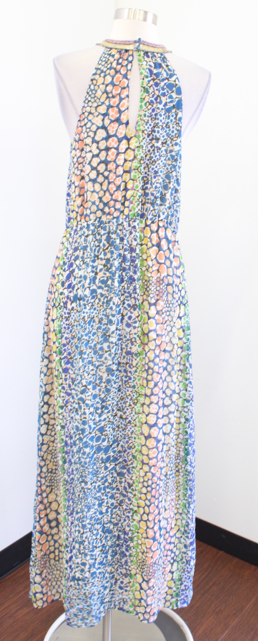 HD in Paris Anthropologie Mayacamas Beaded Printed Maxi Dress Size 6 Halter Blue