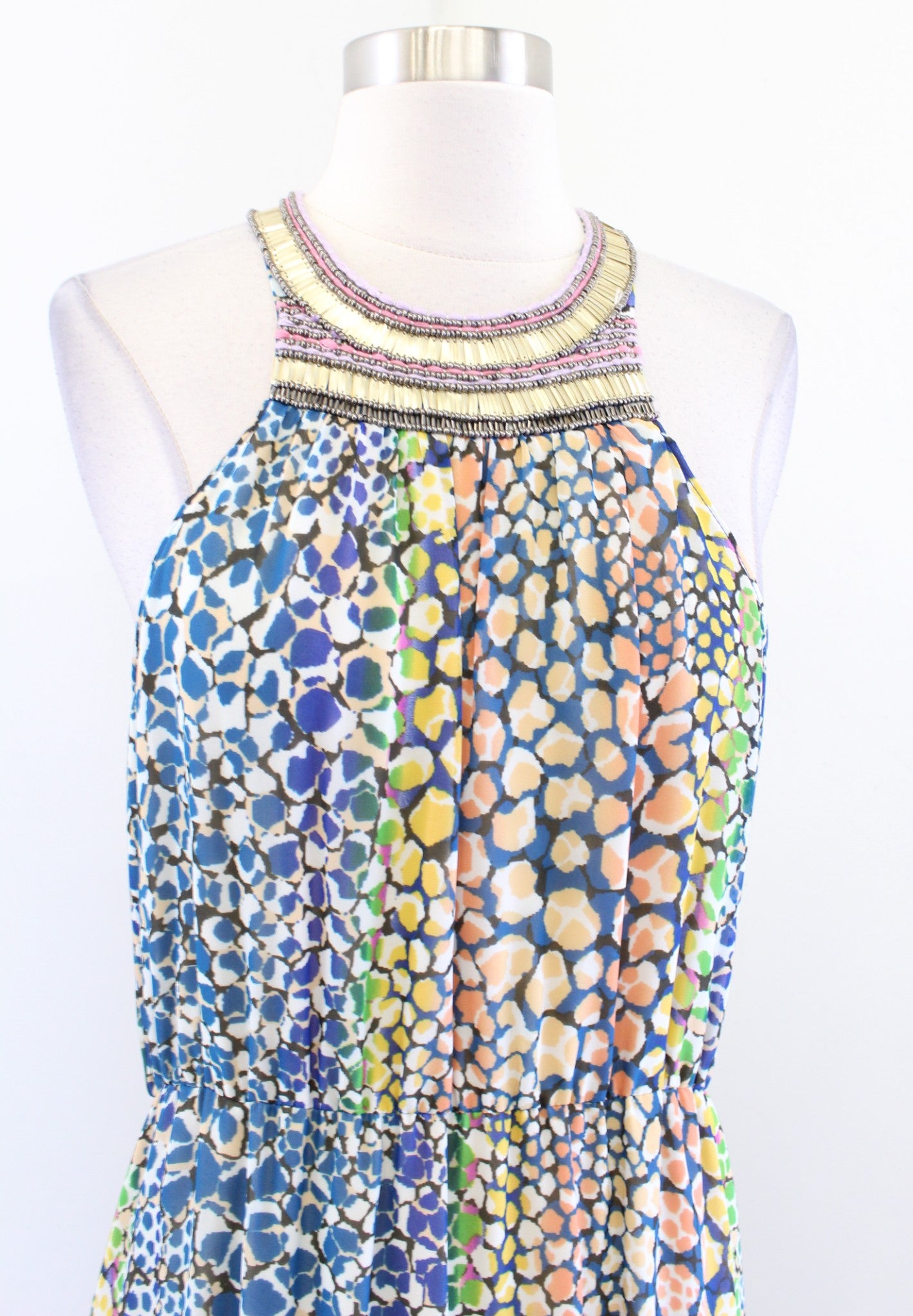 HD in Paris Anthropologie Mayacamas Beaded Printed Maxi Dress Size 6 Halter Blue