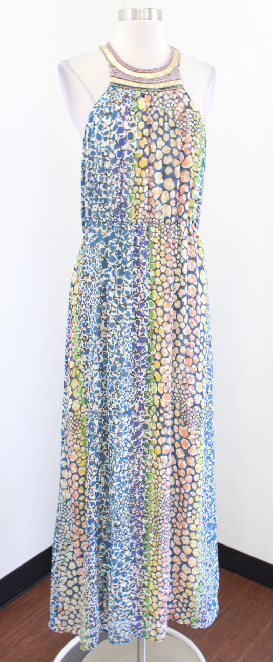 HD in Paris Anthropologie Mayacamas Beaded Printed Maxi Dress Size 6 Halter Blue