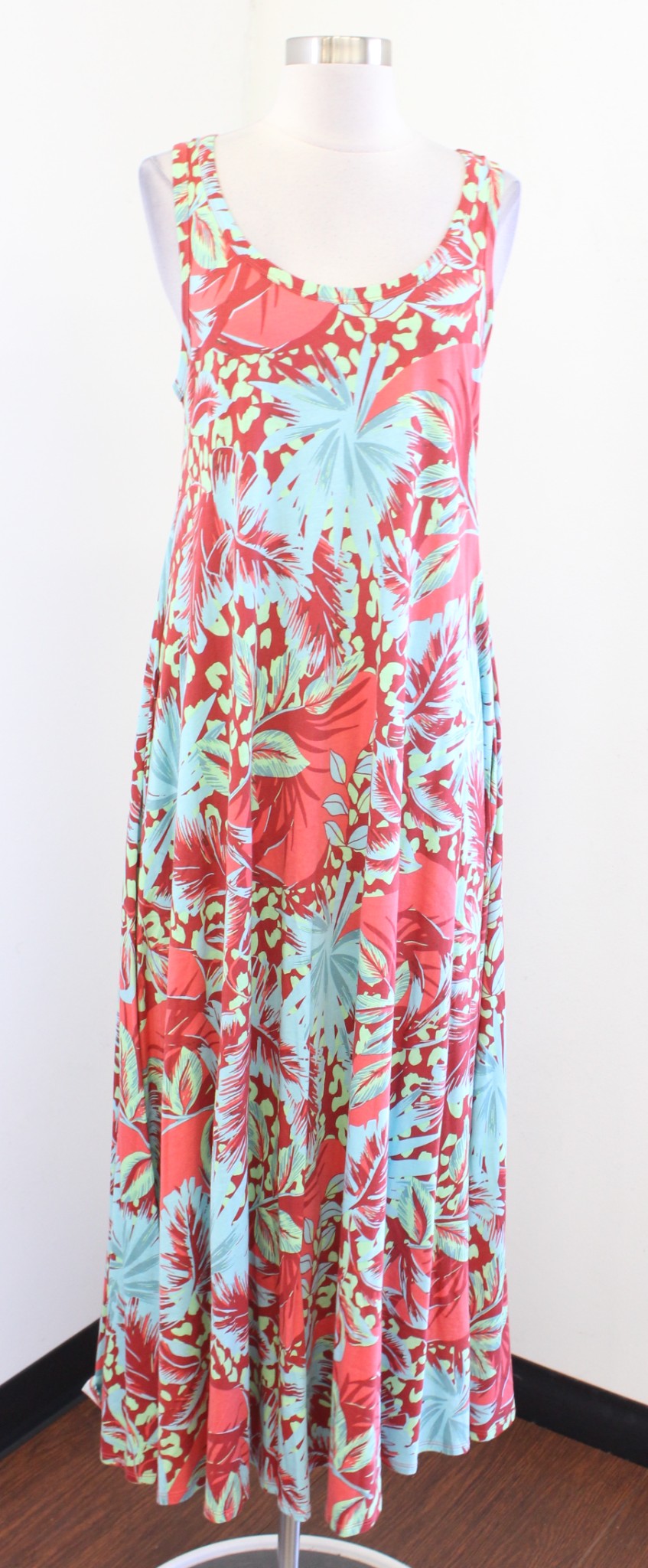 Soft Surroundings Red Coral Blue Floral Printed Knit Maxi Dress Size S Casual