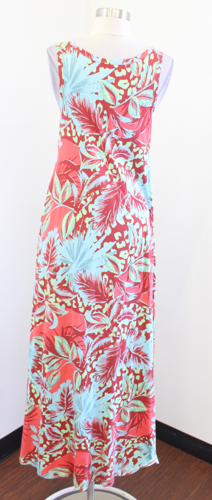 Soft Surroundings Red Coral Blue Floral Printed Knit Maxi Dress Size S Casual