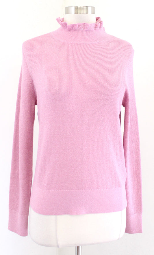 NWT J Crew Dusty Pink Metallic Ribbed Knit Ruffle Neck Sweater Top Size M
