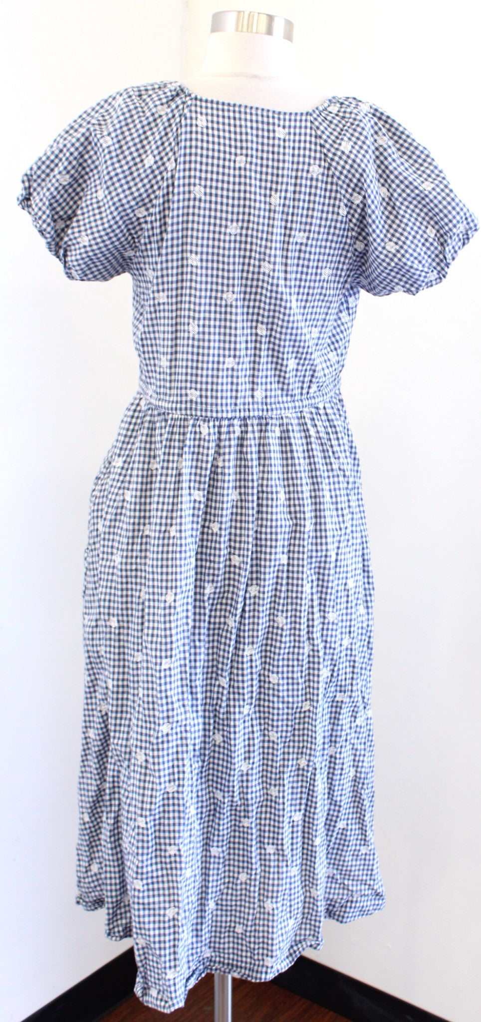 Madewell Blue Gingham Plaid Polka Dot Embroidered Tie Waist Midi Dress XXS 2XS