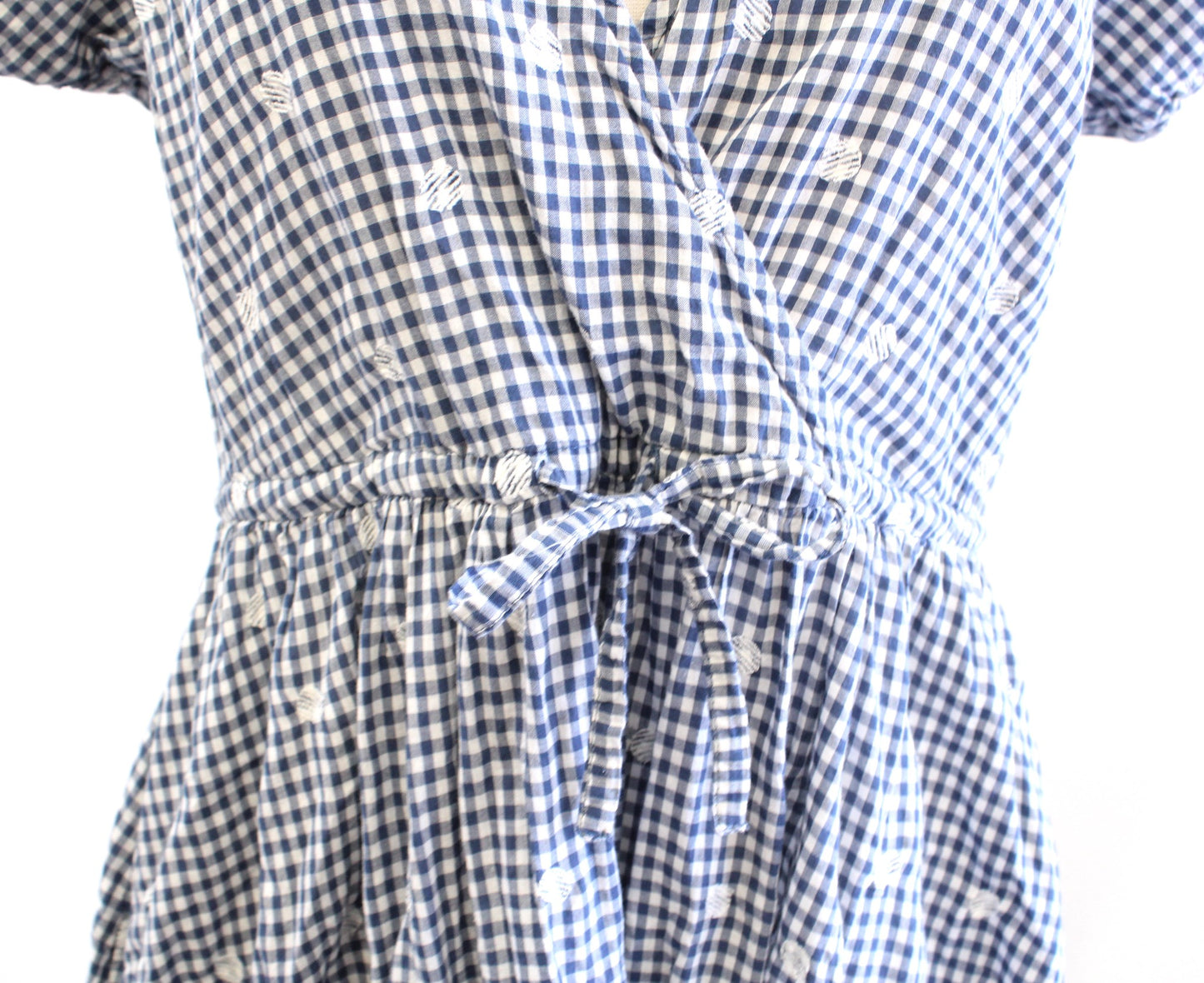 Madewell Blue Gingham Plaid Polka Dot Embroidered Tie Waist Midi Dress XXS 2XS