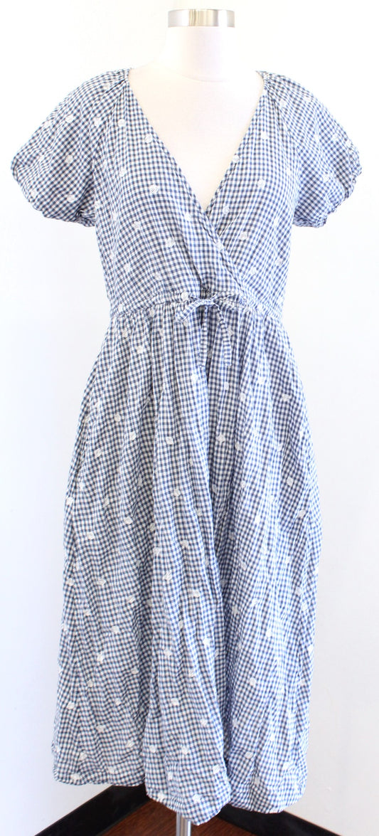 Madewell Blue Gingham Plaid Polka Dot Embroidered Tie Waist Midi Dress XXS 2XS