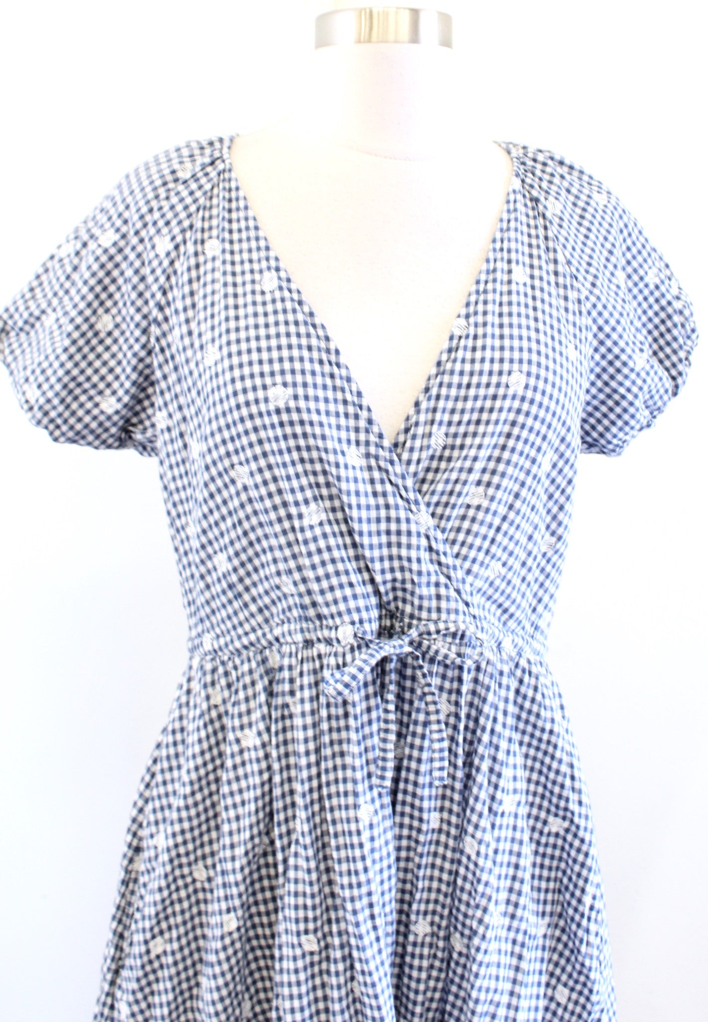 Madewell Blue Gingham Plaid Polka Dot Embroidered Tie Waist Midi Dress XXS 2XS