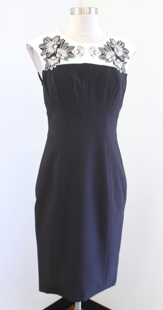 Karen Millen Black White Floral Embroidered Embellished Sheath Dress Size US 6