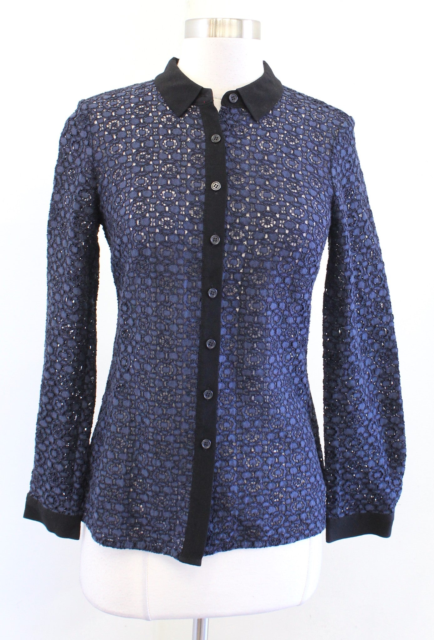 Boden Navy Blue Black Trimmed Sheer Lace Button Front Shirt Blouse Size US 2 Long sleeve