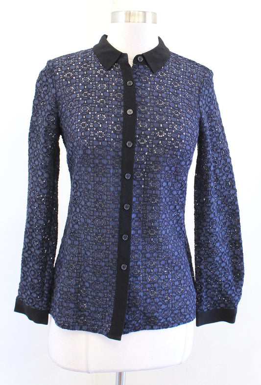 Boden Navy Blue Black Trimmed Sheer Lace Button Front Shirt Blouse Size US 2 Long sleeve