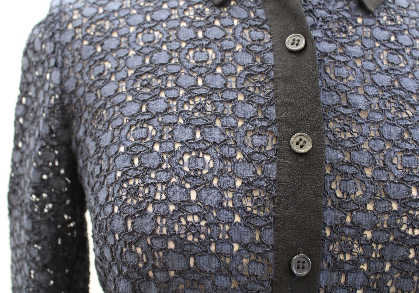 Boden Navy Blue Black Trimmed Sheer Lace Button Front Shirt Blouse Size US 2 Long sleeve