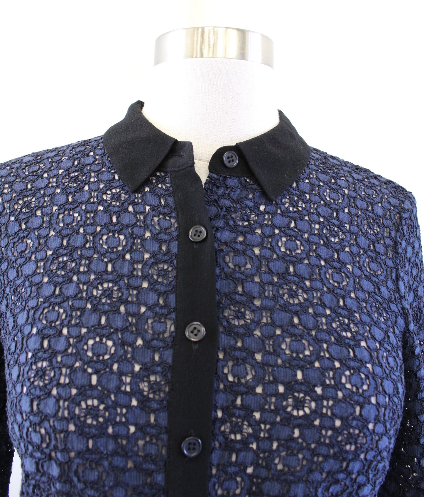 Boden Navy Blue Black Trimmed Sheer Lace Button Front Shirt Blouse Size US 2 Long sleeve