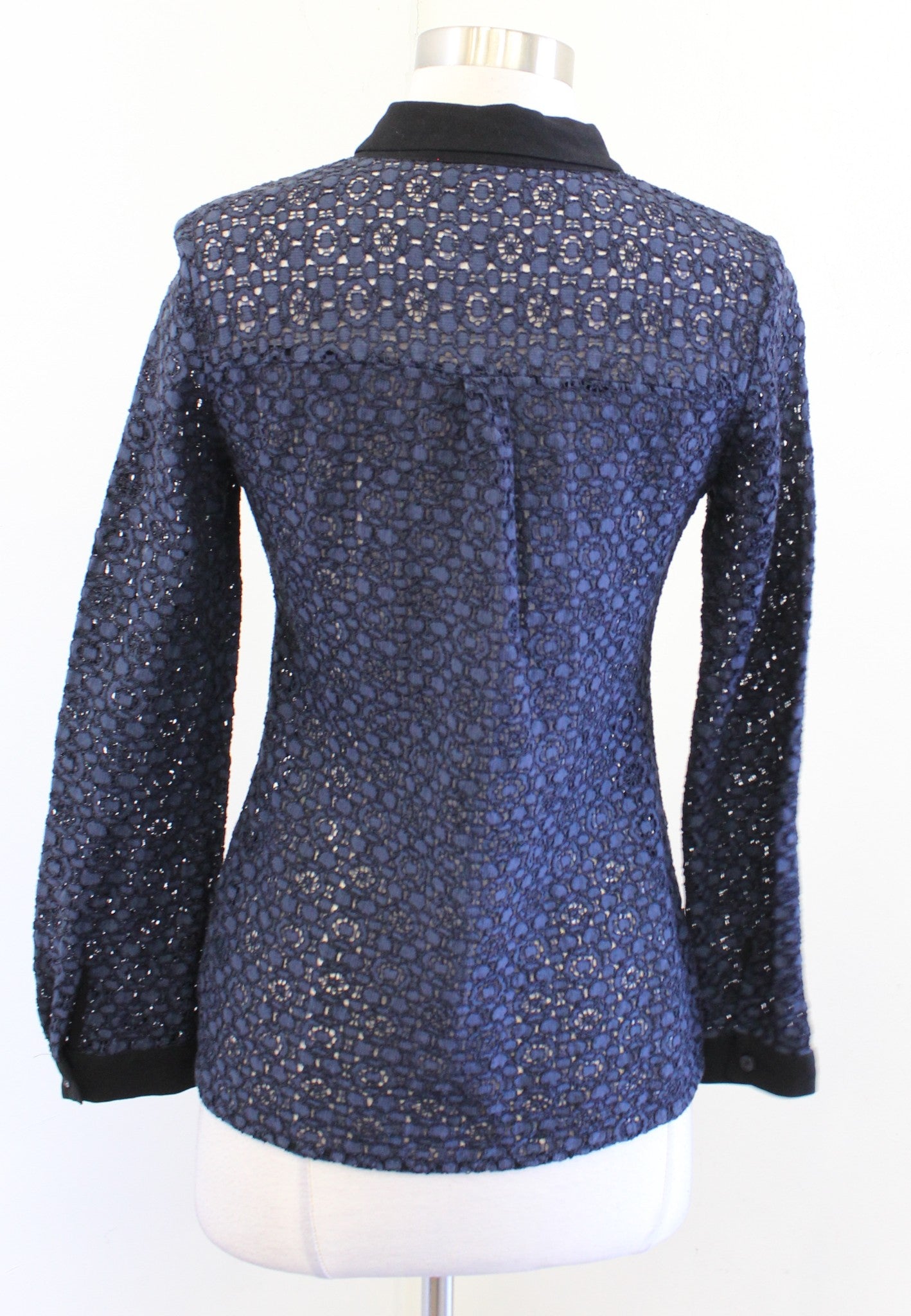 Boden Navy Blue Black Trimmed Sheer Lace Button Front Shirt Blouse Size US 2 Long sleeve