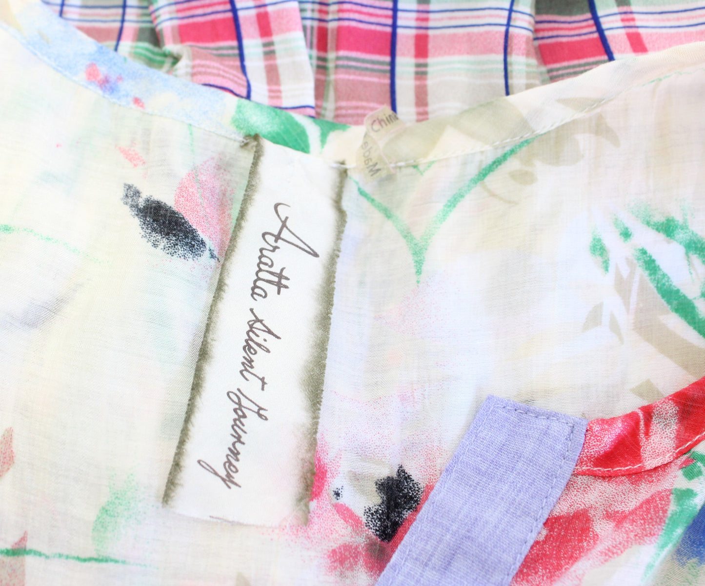 Aratta Silent Journey Floral Plaid Color Block Tank Top Blouse Size S Cream