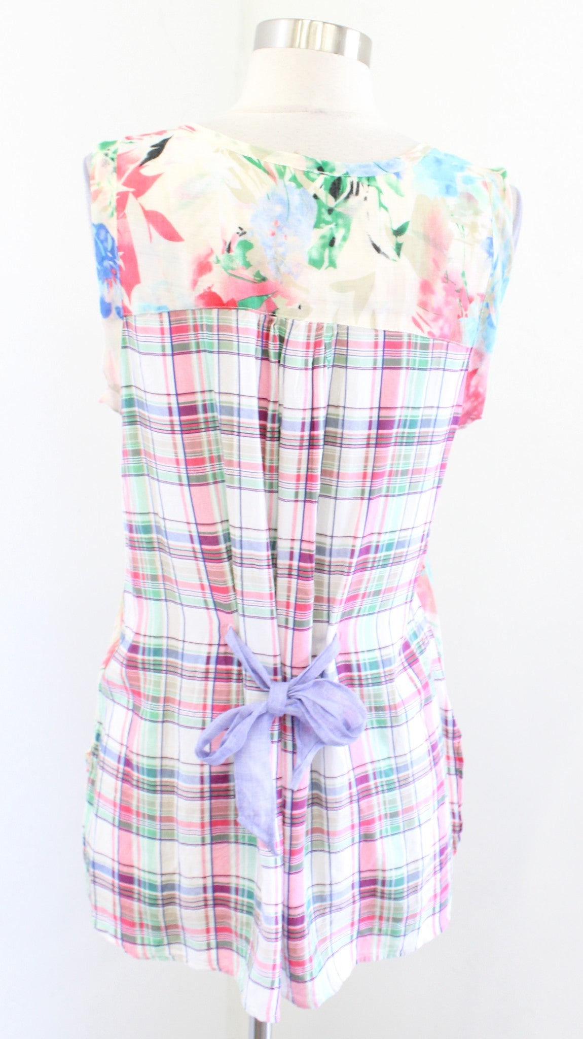 Aratta Silent Journey Floral Plaid Color Block Tank Top Blouse Size S Cream