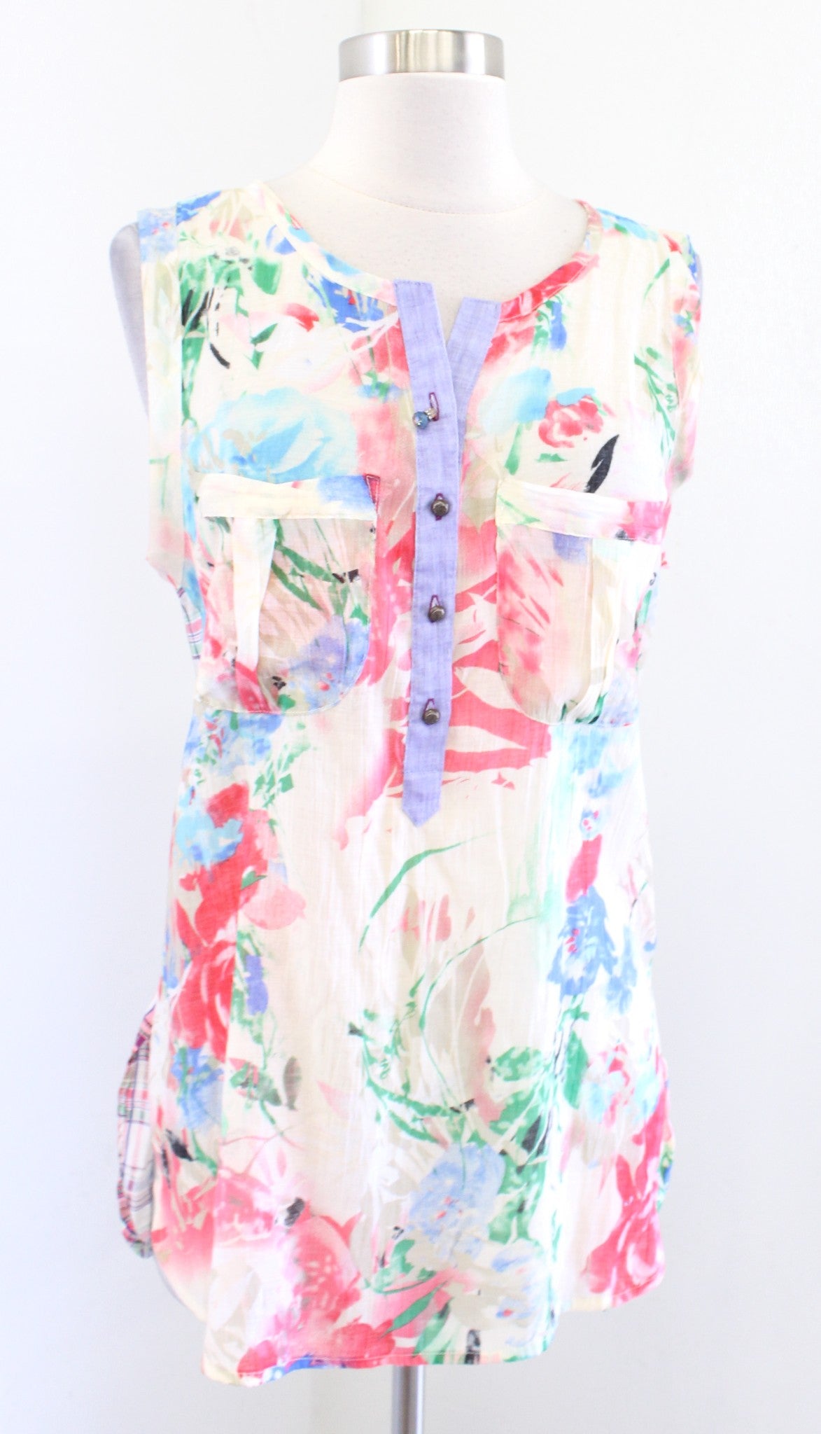 Aratta Silent Journey Floral Plaid Color Block Tank Top Blouse Size S Cream