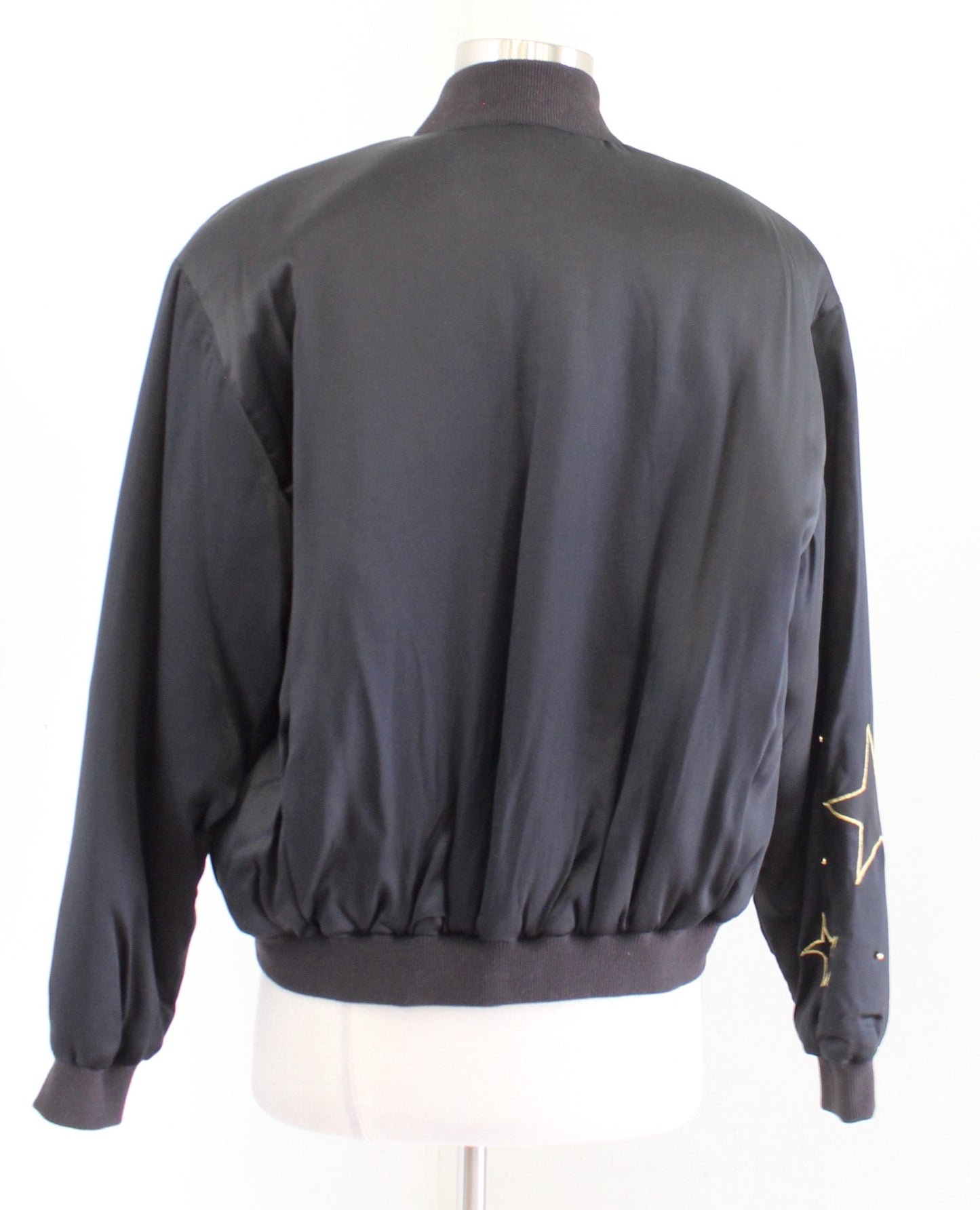 Vtg 90s Black Silk Studded Star Embroidered Puff Bomber Jacket Size S Retro