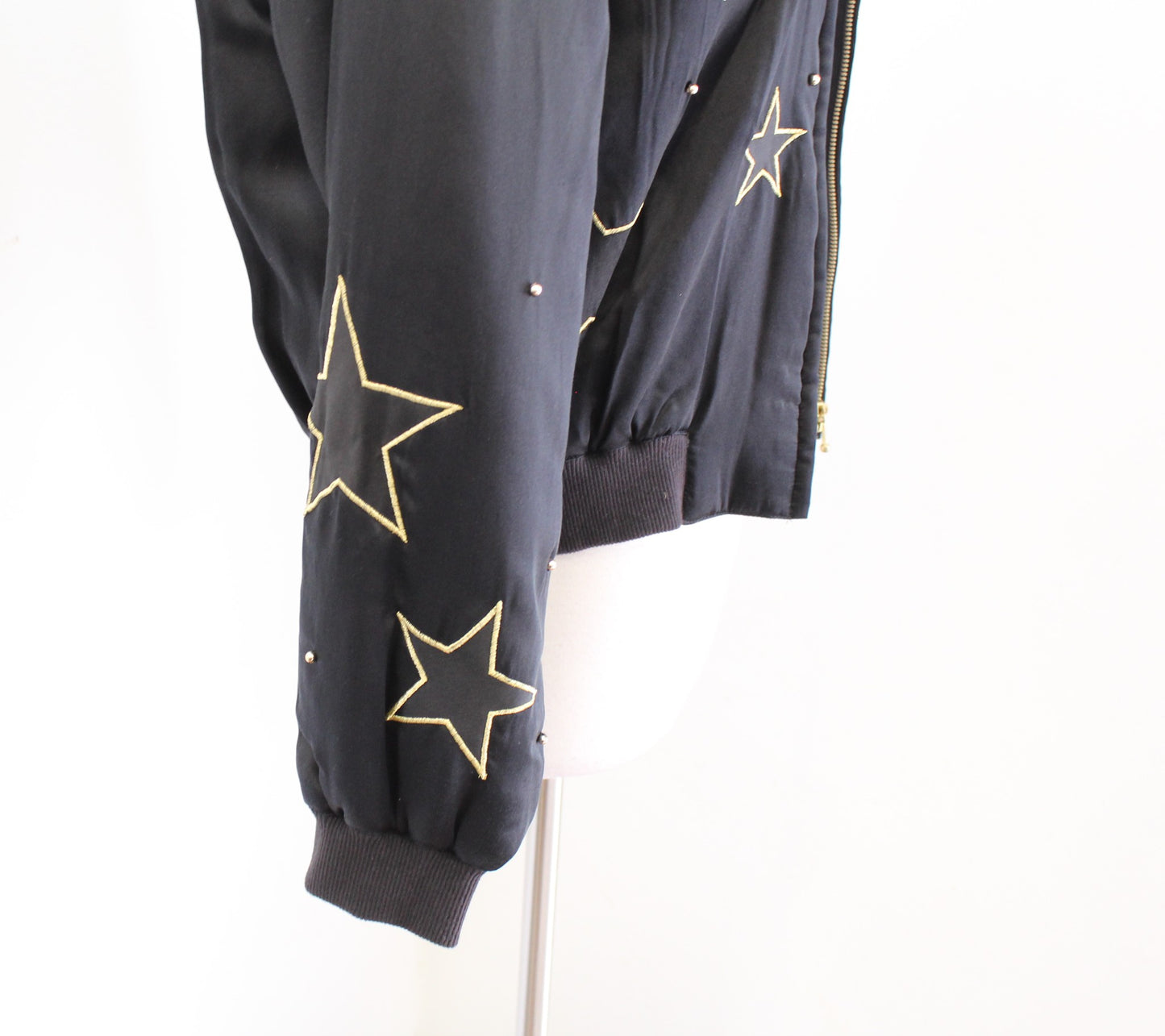 Vtg 90s Black Silk Studded Star Embroidered Puff Bomber Jacket Size S Retro