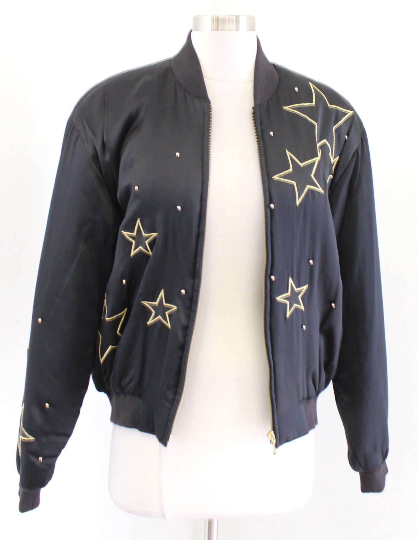 Vtg 90s Black Silk Studded Star Embroidered Puff Bomber Jacket Size S Retro