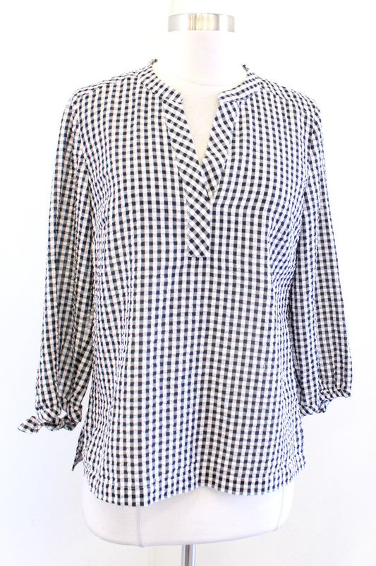 NWT Vineyard Vines Black White Seersucker Gingham Plaid Popover Top Blouse Sz XS