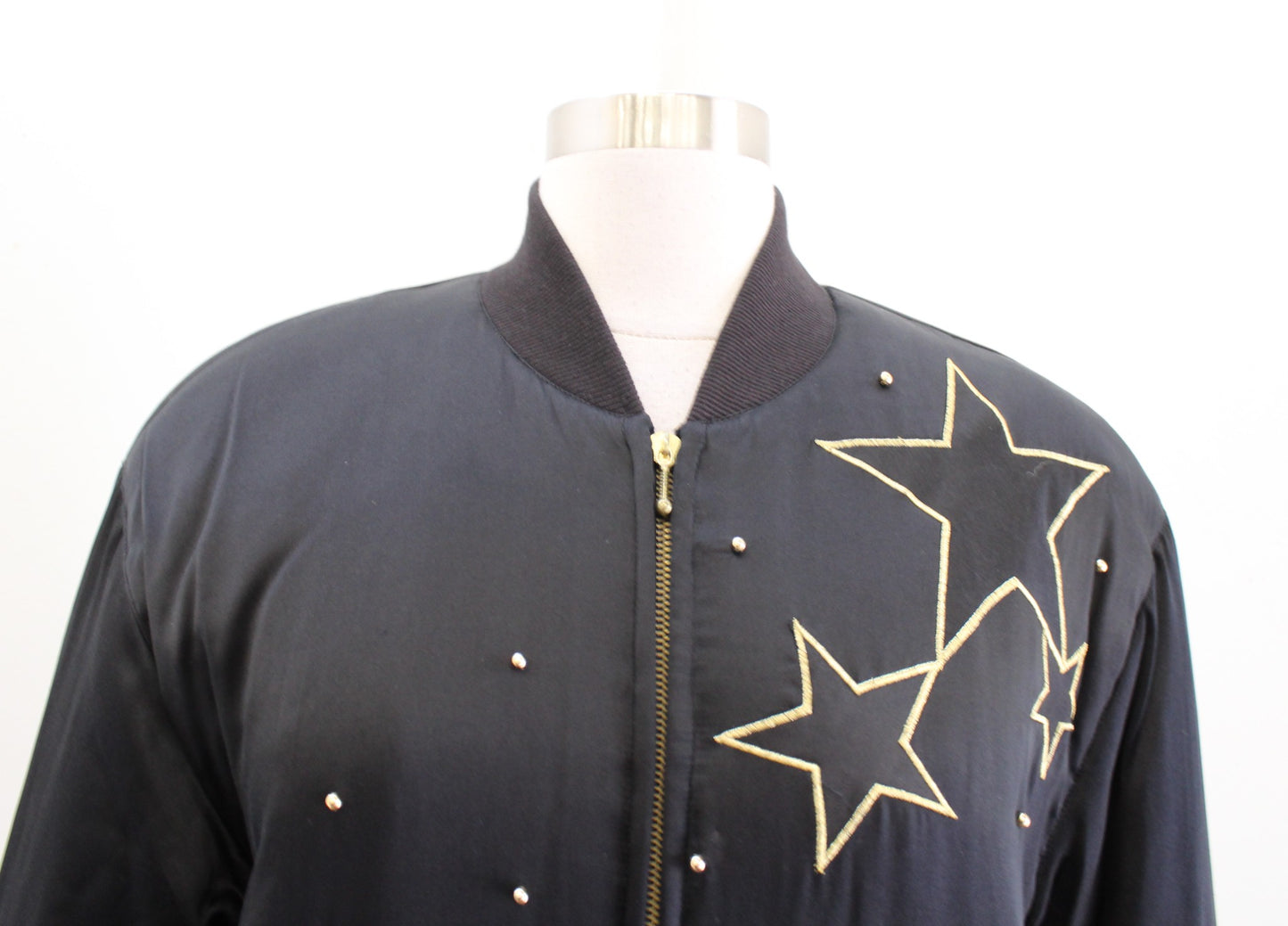 Vtg 90s Black Silk Studded Star Embroidered Puff Bomber Jacket Size S Retro