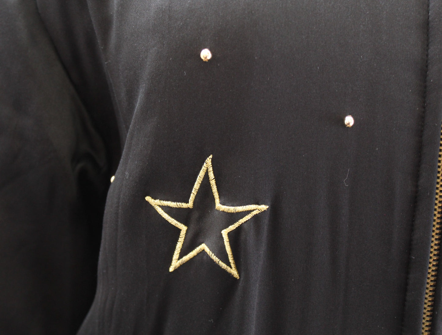 Vtg 90s Black Silk Studded Star Embroidered Puff Bomber Jacket Size S Retro