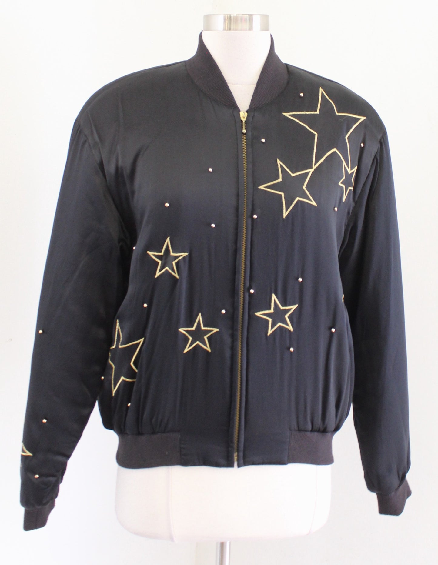 Vtg 90s Black Silk Studded Star Embroidered Puff Bomber Jacket Size S Retro