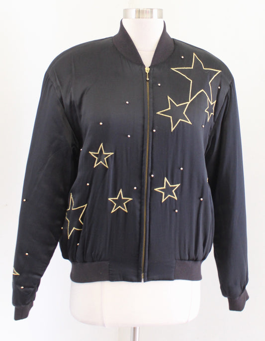 Vtg 90s Black Silk Studded Star Embroidered Puff Bomber Jacket Size S Retro