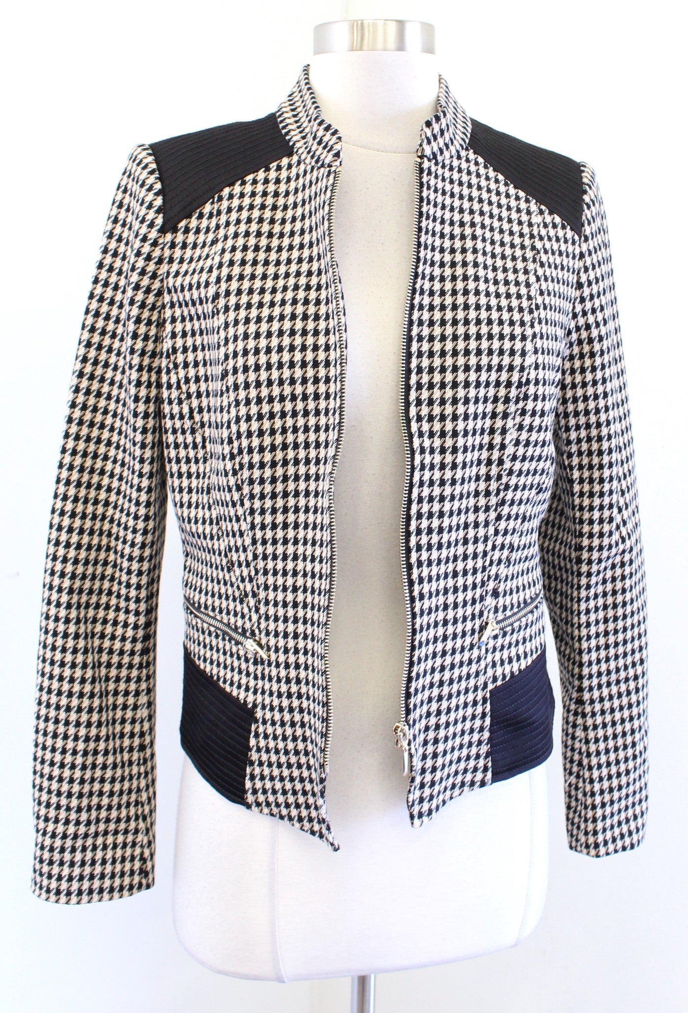 White House Black Market Houndstooth Plaid Zip Front Moto Blazer Jacket 2 Camel