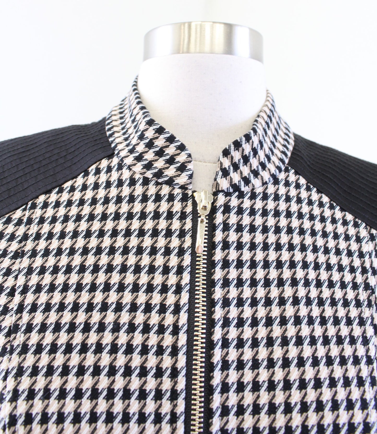 White House Black Market Houndstooth Plaid Zip Front Moto Blazer Jacket 2 Camel