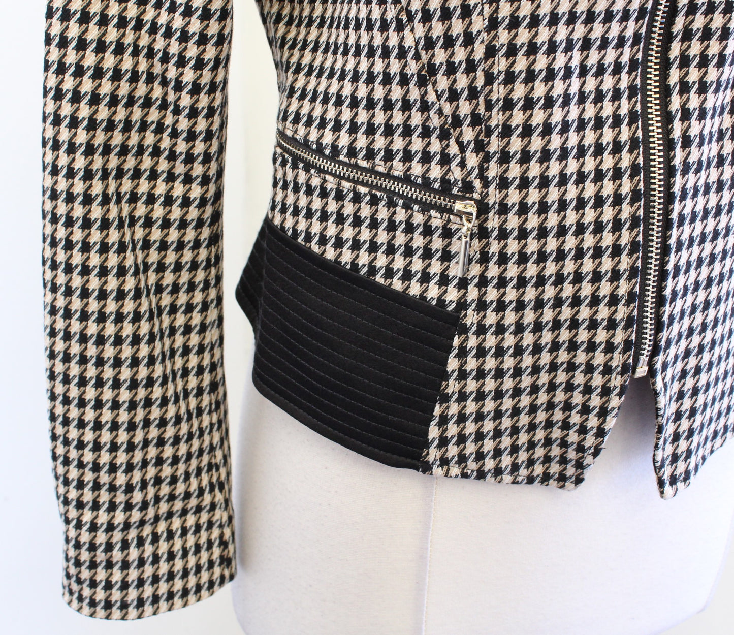 White House Black Market Houndstooth Plaid Zip Front Moto Blazer Jacket 2 Camel