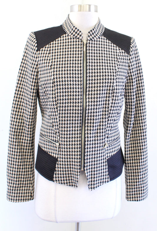 White House Black Market Houndstooth Plaid Zip Front Moto Blazer Jacket 2 Camel